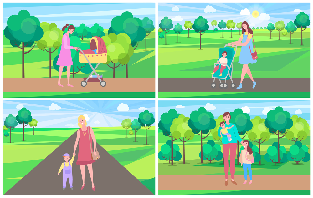 Mom walking with carriage and little son and daughter in park, mother going with children near trees, family together outdoor, sunny weather vector. Family Walking with Baby and Kid in Park Vector