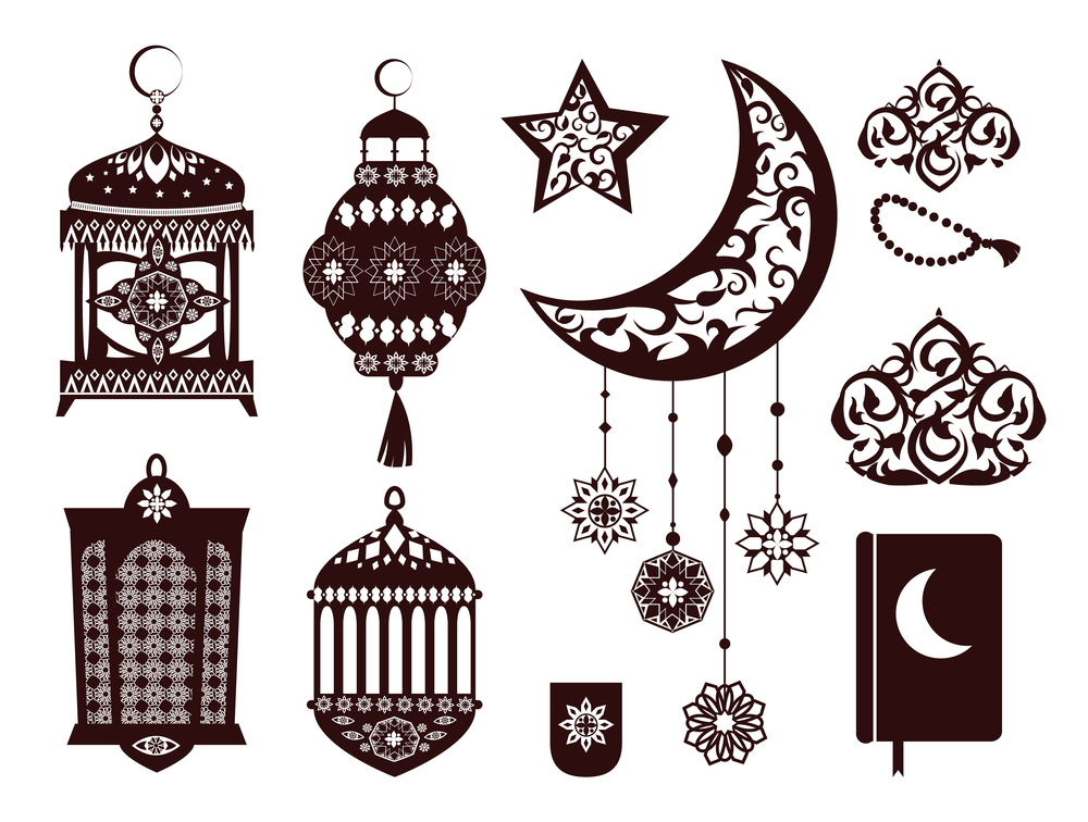 Ramada Kareem religious symbols in black colors set. Festive arabian attributes of holy event. Lantern and moon silhouettes vector illustrations for Ramadan holidays.. Ramada Kareem Religious Symbols in Black Colors