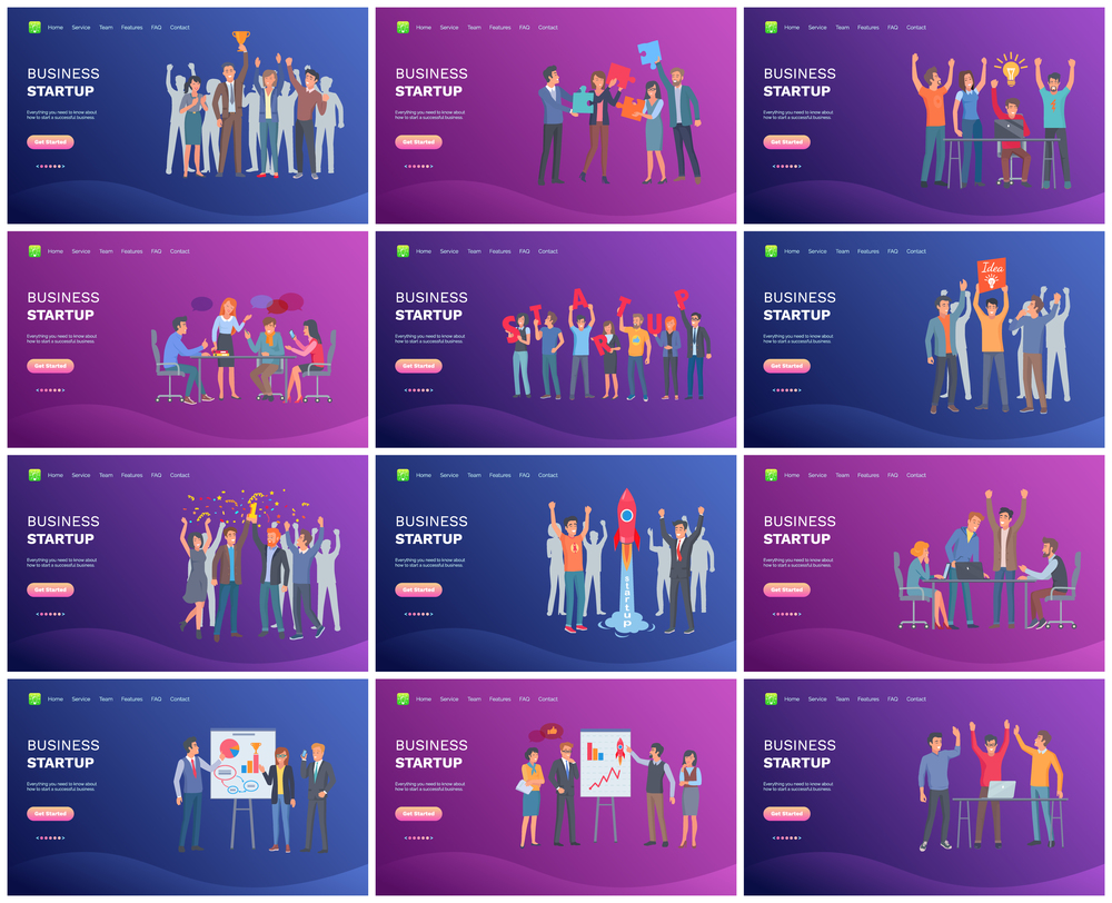 Business startup teamwork, people holding prize for successful achievement, presentation on whiteboard, team celebration of success, rocket launching. Website template, landing page flat style. Business Startup Successful Team with Award Set