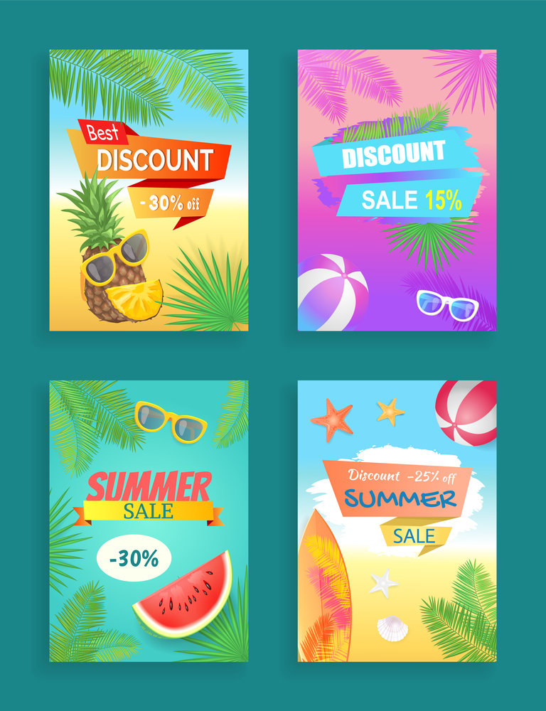Best discount offer, summer sale, vector shaped ribbon. Sun glasses, beach ball, pineapple and watermelon, surfboard and palm leaves, shell and star. Summer Sale Vector Banner Promotion Leaflet Sample