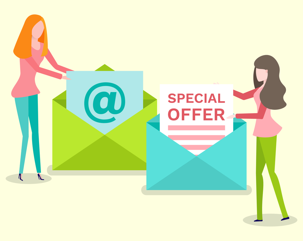 Women holding letter, female with newsletter in opening envelope, special offer message. People with postcard isolated on yellow, communication vector. Female with Newsletter in Opening Envelope Vector