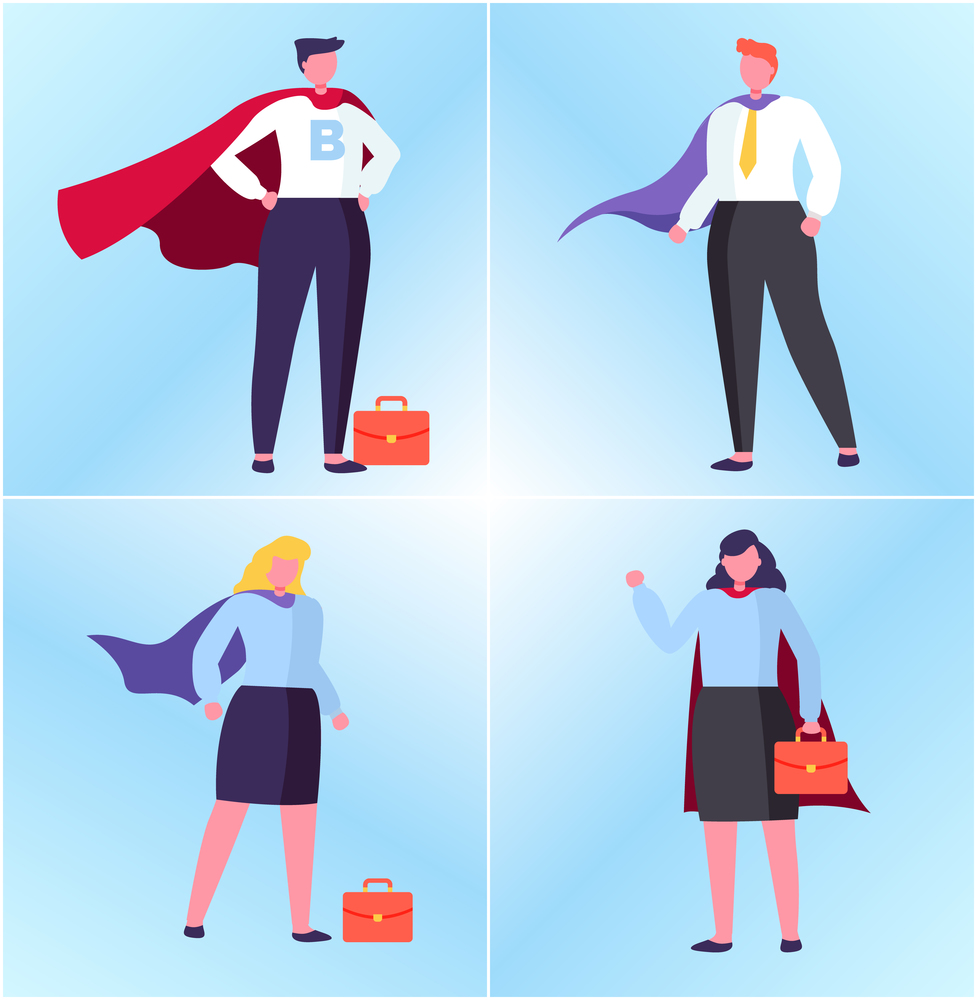 Hero man and woman with handbag, manager in superhero suit, portrait view of worker character, people in suit flat design style, winner human vector. Winner or Superhero Man and Woman, Worker Vector