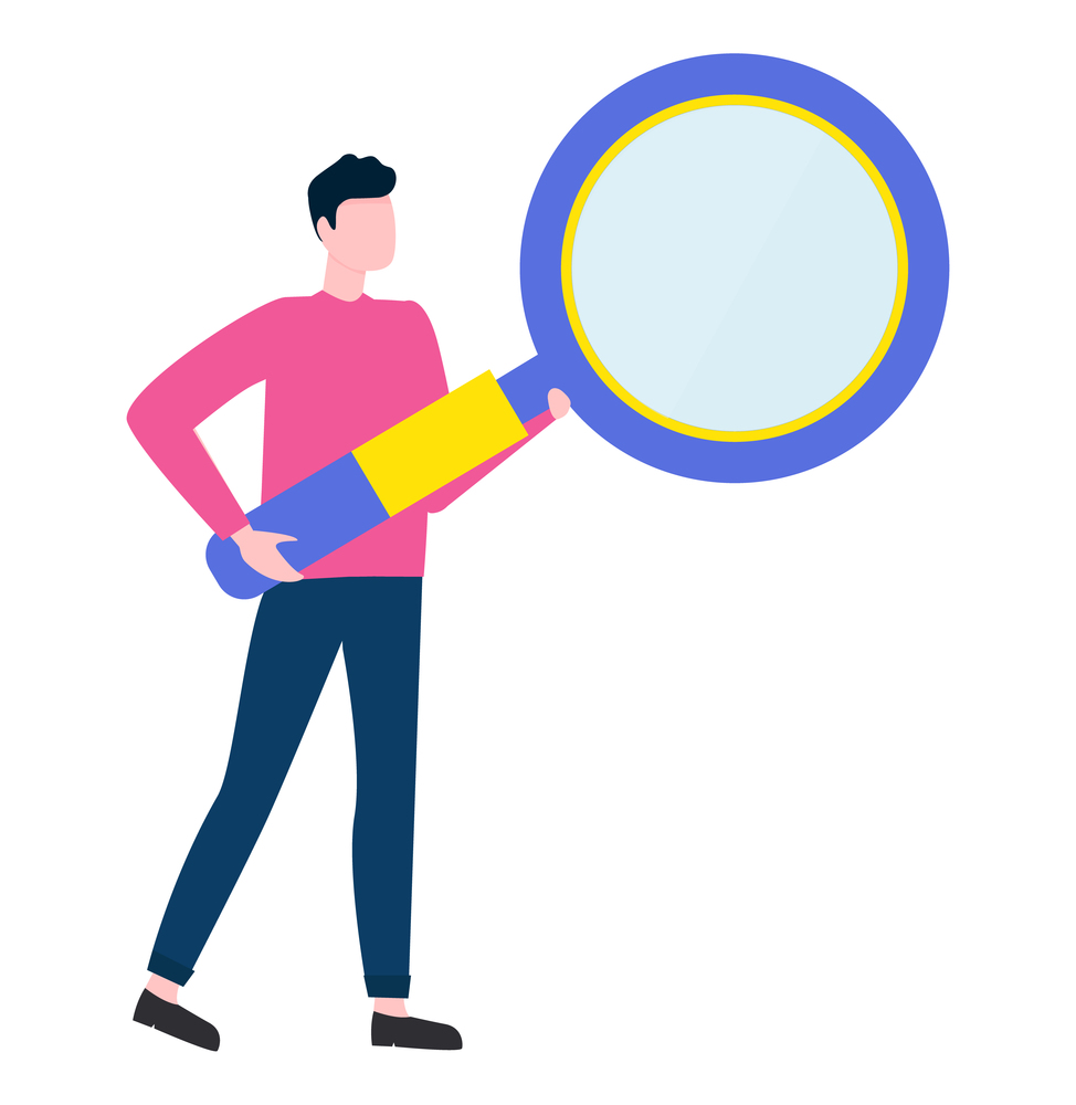 Male with big magnifying glass vector, businessman analyst with zooming tool, researches and info finding scrutinizing and dealing with data flat style. Man with Big Magnifying Glass, Male Analyzing