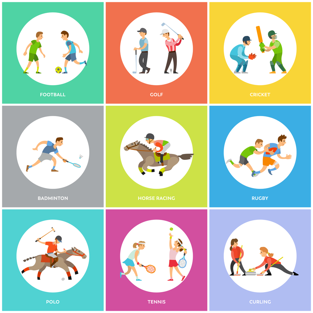 Sport training people, poster set football, golf and cricket, horse racing, badminton and rugby, polo and tennis, curling round icon, sporty man and woman vector. Sports Icons, Sporty Man and Woman, Skills Vector