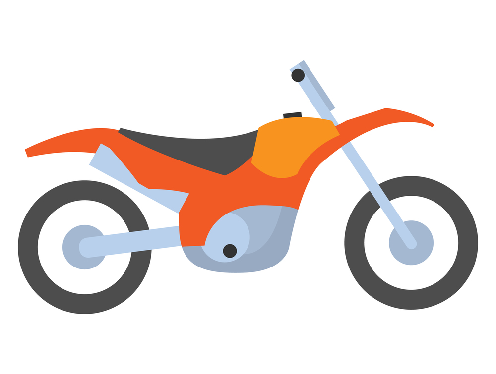 Motorbike or sport bike, side view of flat speed equipment with wheels, orange empty truck bright bicycle, element of extreme sport, cycle vector. Bicycle Side view, Motorbike, Orange Cycle Vector
