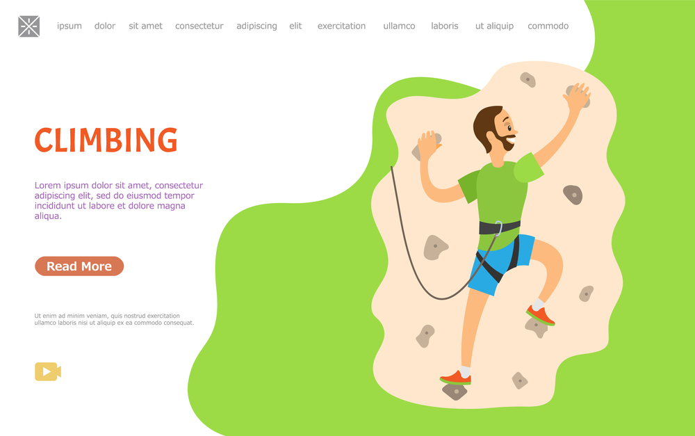 Climbing hobby vector, man wearing special protective equipment hanging on wall with rocks and stones. Extreme climb sporting activity of male. Website or webpage template, landing page flat style. Climbing Man, Practicing Person on Wall with Rocks
