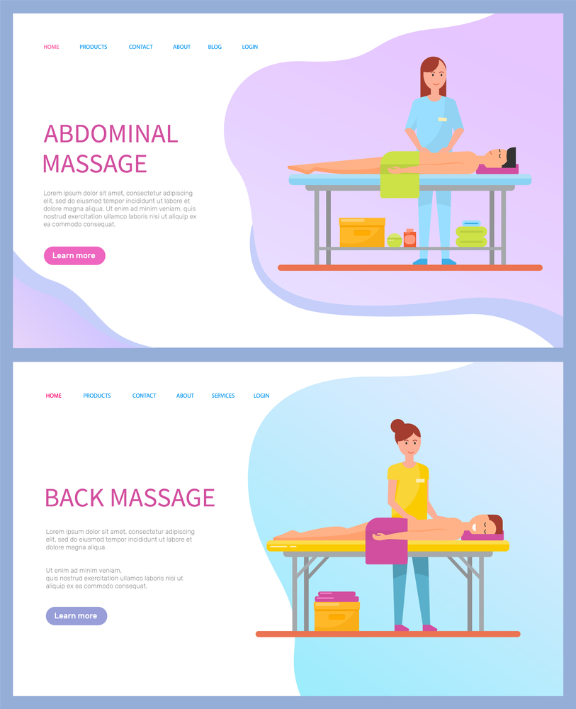 Abdominal and back massage service online order vector. Masseuse and client on table under towel, beauty and health, medical and relaxing procedures. Abdominal and Back Massage Service Online Order