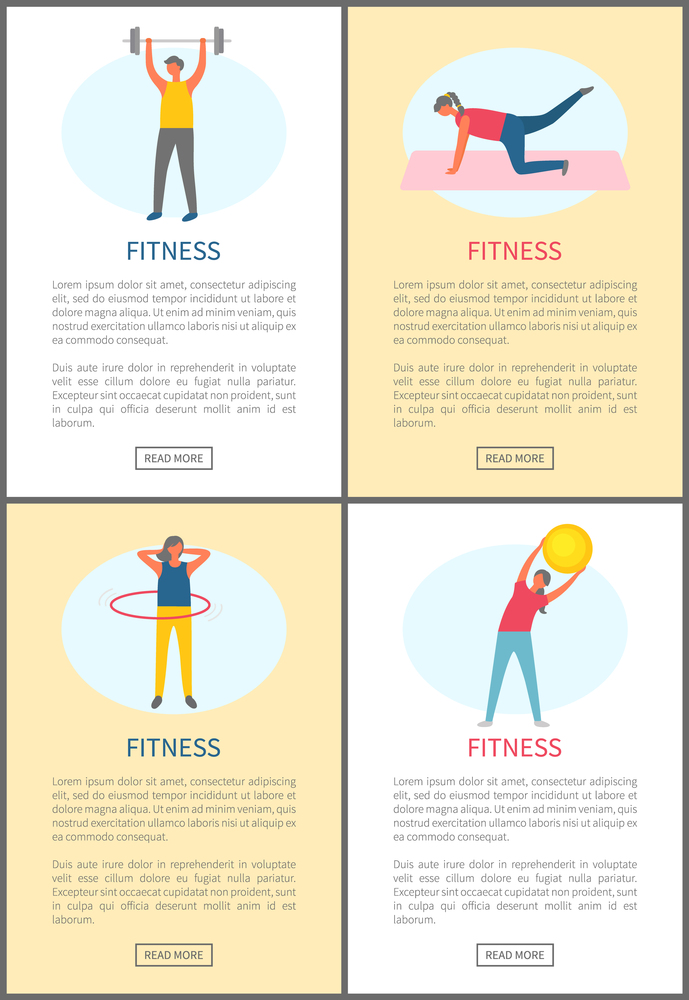 Fitness people websites vector, gymnastics and exercises performed by men and women. Inflatable ball and dumbbells, gymnastic hoop and plank activity. Fitness Workout, People Doing Exercises Web Set