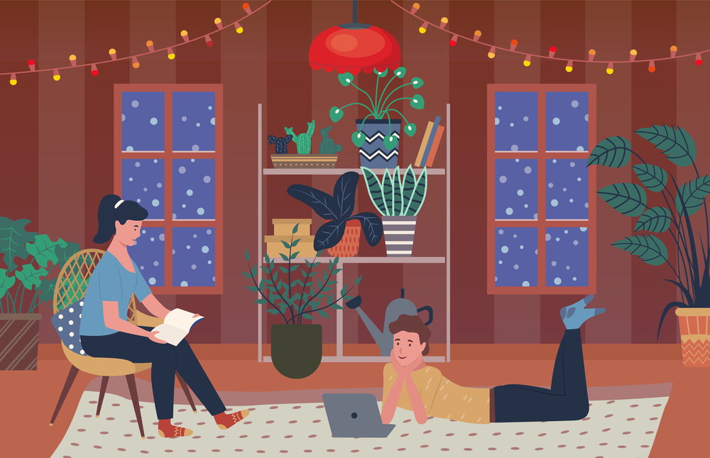 People in winter evening spending time at home vector, man and woman, male watching film on laptop and female reading book. Plants in pots and vases. Room of Woman, Male Watching Film on Floor Home