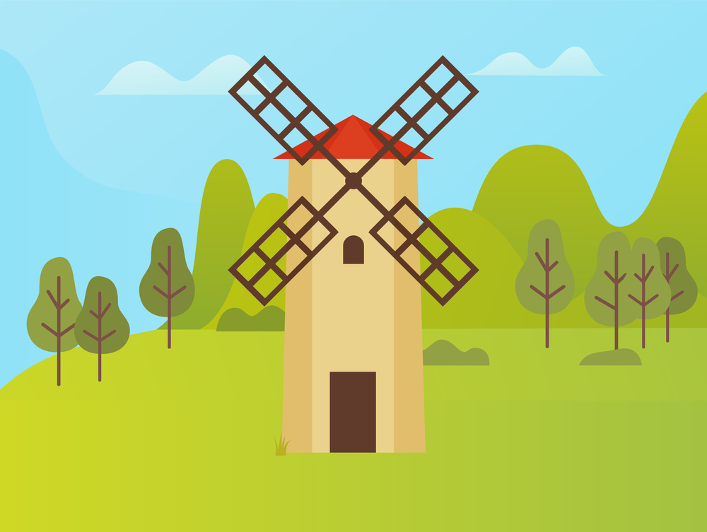 Agricultural area vector, windmill for storage of crops. Harvesting season, farming in rural territory. Forest with trees and bushes, green meadows. Windmill Construction, Nature Park with Trees