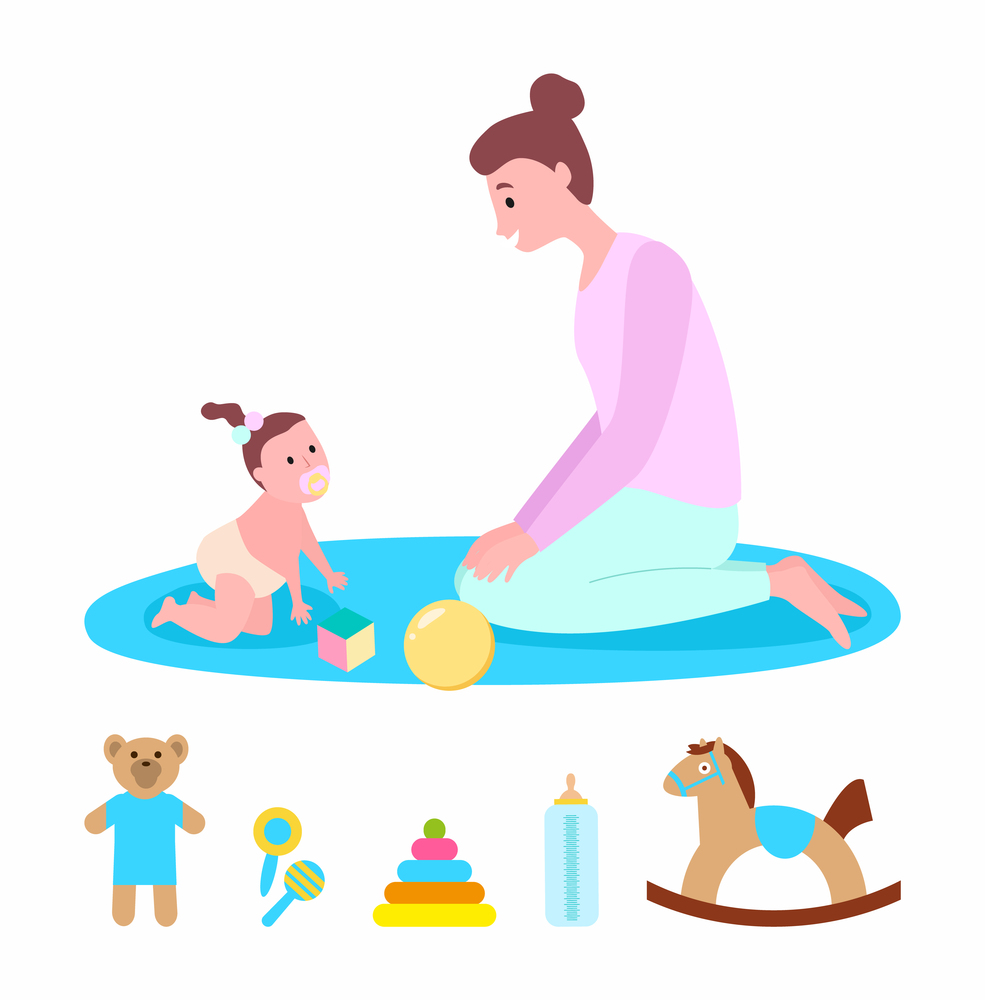 Toys set and baby with mother vector, mom and kid wearing diaper playing together. Plush bear and cone with circles, horse and bottle for feeding. Mother Playing with Kid, Mom and Child with Toys