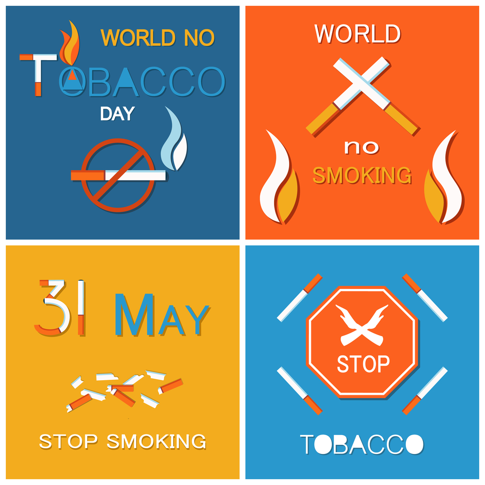 Stop smoking banners forbidden harmful habit, vector illustration with cigarettes and matches, unhealthy addiction, broken cigars and stop sign. World no tobacco day. Stop Smoking Banner Forbidden Harmful Habit Vector