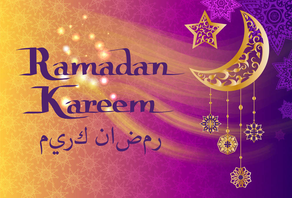 Ramadan Kareem visual sightings of crescent moon and star, internationally-recognized symbol of Islam decorated by ornamental trinket vector poster. Illustrtion for Ramadan holiday. Ramadan Kareem Sightings of Crescent Moon Star