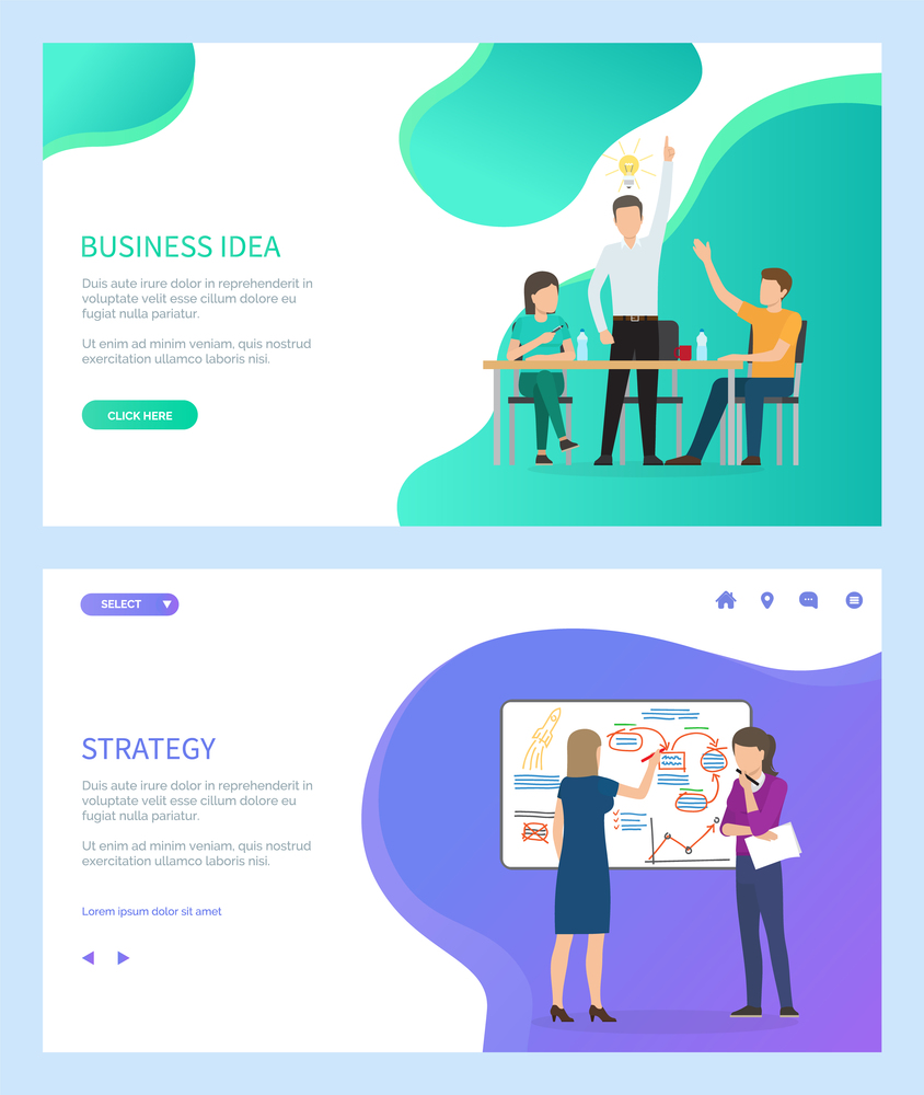 Successful team vector, people happy to have idea, strategy and planning of business activities. Office workers brainstorming by whiteboard info. Website or webpage template, landing page flat style. Successful Team and Strategy, Office Workers Web