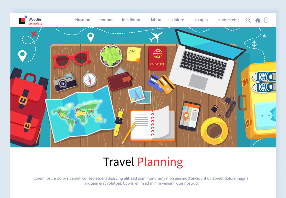Time to travel vector, traveling plan with laptop and map continents, rucksack and book, wallet money and camera for photo, compass and pen for notes flight. Website or landing page for travel agency. Time to Travel Preparation for Vacation Website