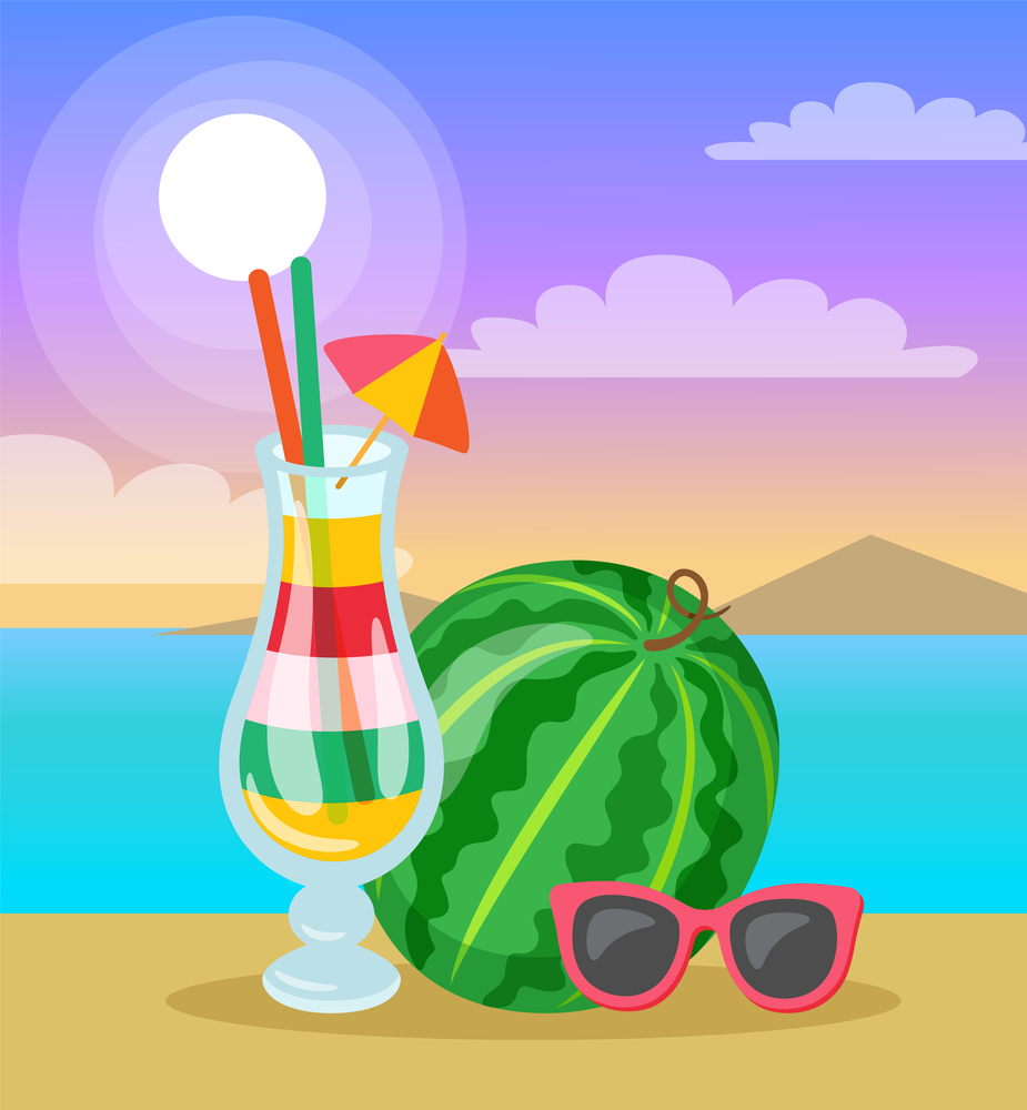 Summer time on beach, papercard decorated by watermelon, cocktail in glasses and sunglasses. Colorful card with clody sky and sunshine flat style vector. Watermelon, Cocktail and Sunglasses, Beach Vector