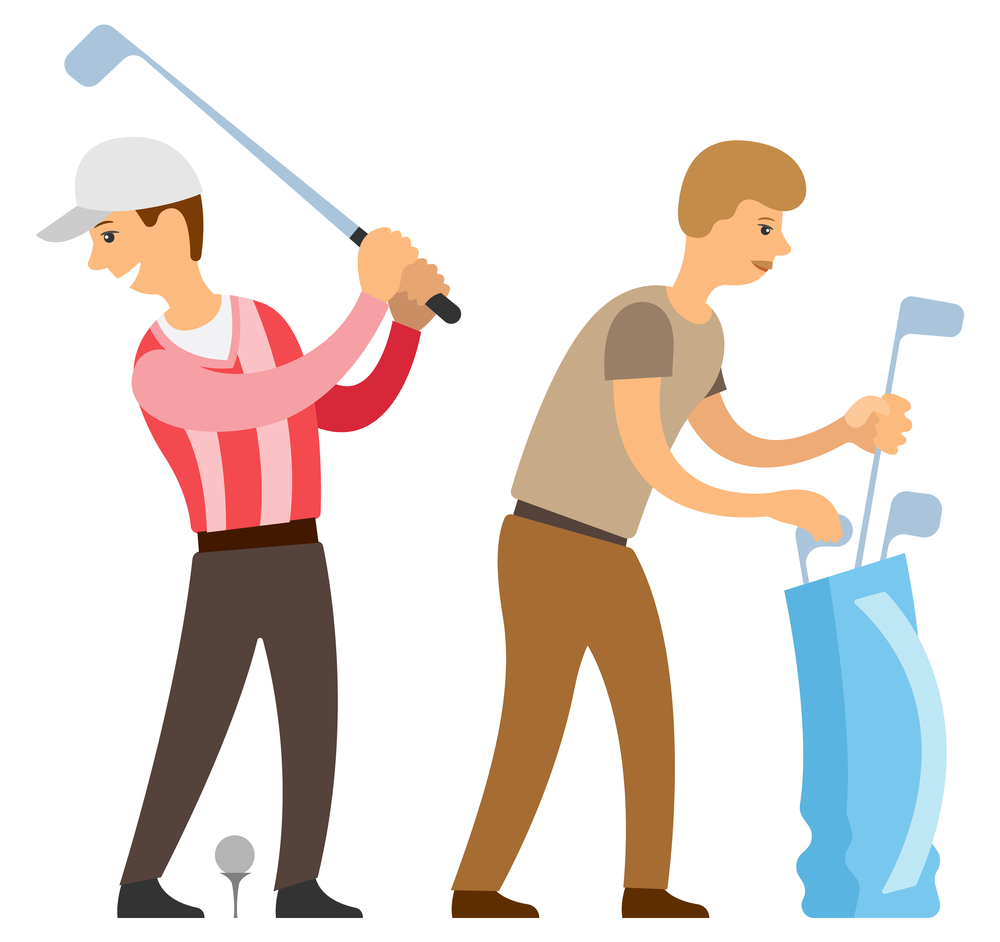 Person playing golf game vector, rich man wearing uniform and hat holding stick hitting ball on ground. Helper choosing best option for character. English Sport, Golf Player with Helper Isolated