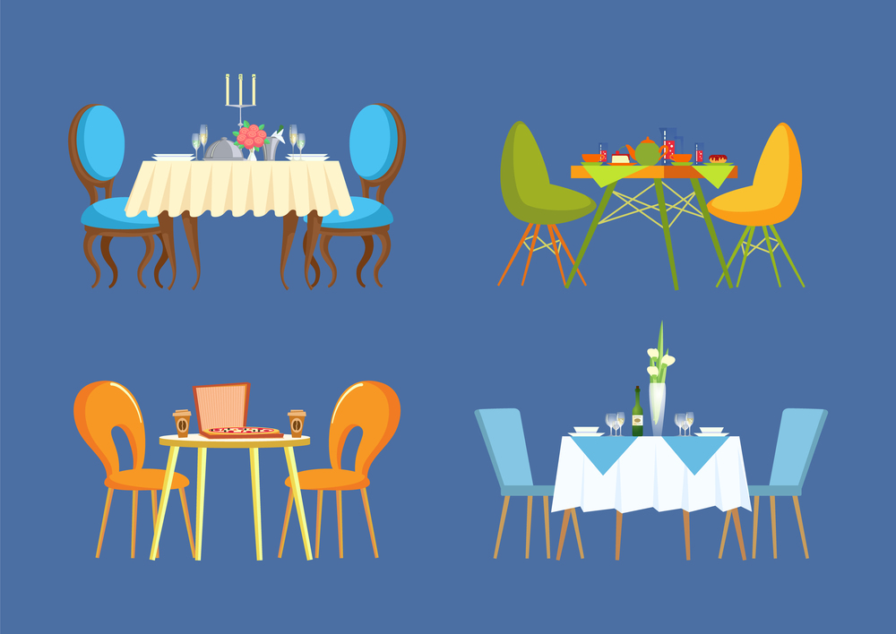 Urban table serving with dishes, pizza and dessert with cup of tea and coffee. Elegant board with soft chairs decorated by glass and flowers vector. Urban and Elegant Table Serving with Dishes Vector
