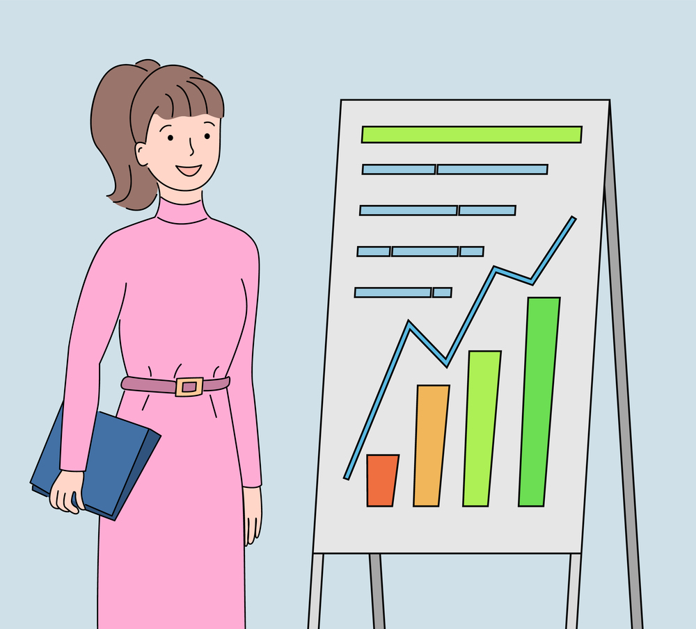 Visual representation of information vector, woman with clipboard and charts, whiteboard with stats on business project, businesslady researching analytics. Secretary with Information on Board, Visualization