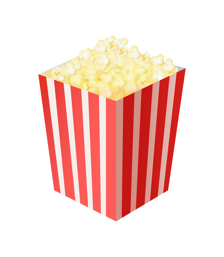 Paper bag full of popcorn. Red and white striped bucket special for popcorn isolated on white background vector Illustration. Paper Bag Full of Popcorn