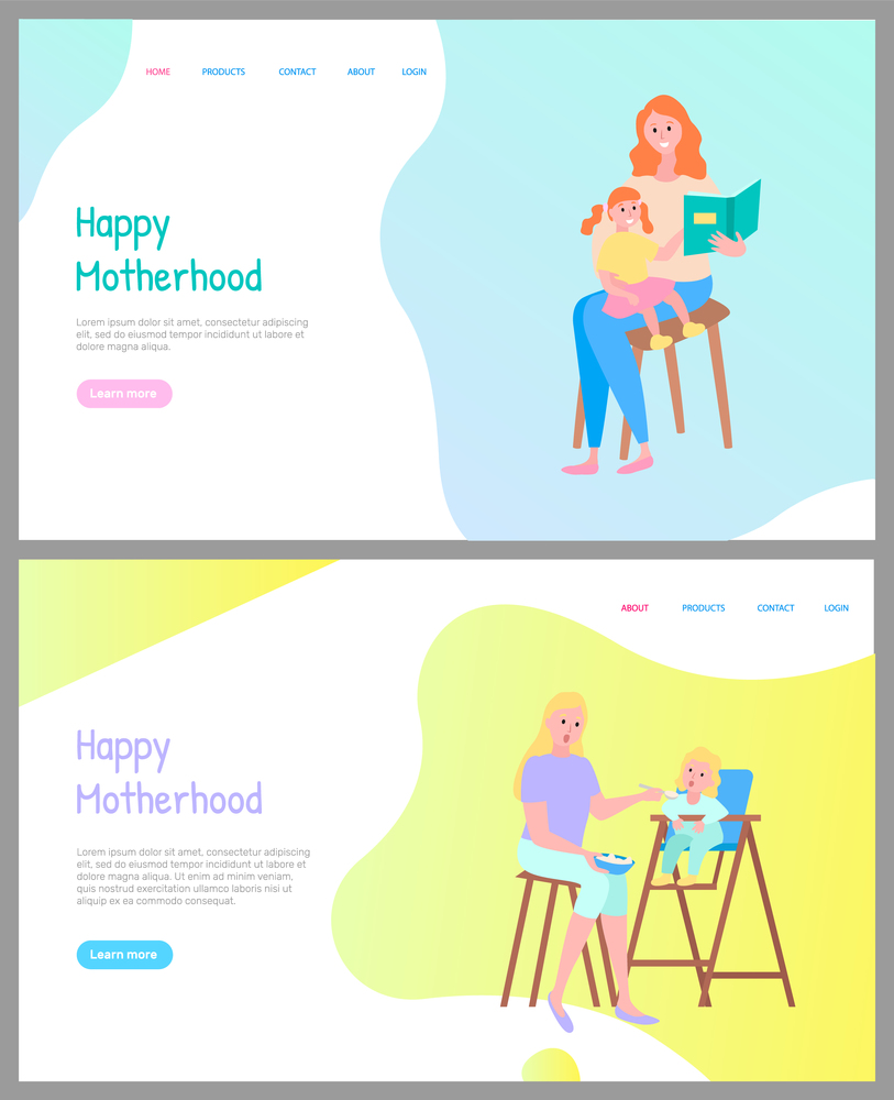 Motherhood online, mother sitting with daughter on chair and reading book together, mom feeding with spoon daughter, people portrait view vector. Website or webpage template, landing page flat style. Mother Reading Book and Feeding Daughter Vector