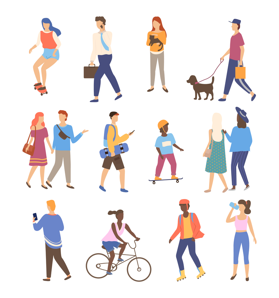Man and woman walking outdoor set, portrait view of people character going or driving by bicycle and skateboard, walk in park friends together, sporty human vector. People Activity Outdoor, Walking Friends Vector