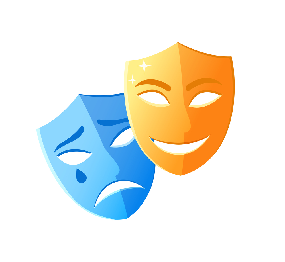 Theatre mask crying and smiling, emotion icons on white, character objects sad and happy, masquerade decorations laugh and disorder, pantomime vector. Masks Smiling and Crying, Feeling Icons Vector