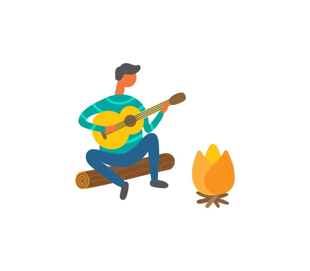 Man near bonfire singing songs and playing on guitar vector isolated. Cartoon player with musical instrument resting outdoors near burning fire, summer picnic. Man Near Bonfire Singing Songs and Plays on Guitar
