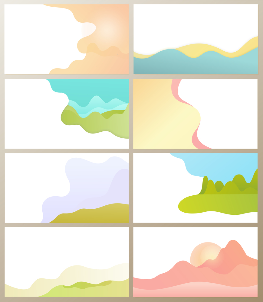 Abstract representation of horizon vector, set of blurry clear sky with clouds, lawn and green grass. Mountain with greenery and bushes in distance. Ground and Sky with Clouds, Mountains Hills Set