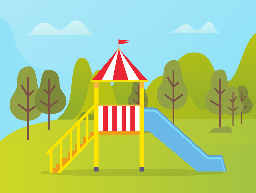 Playground decorated by colorful slide with red stripes, green trees and mountain landscape, activity outdoor, empty place, kindergarten flat design vector. Bright Slide or Playground, Kindergarten Vector