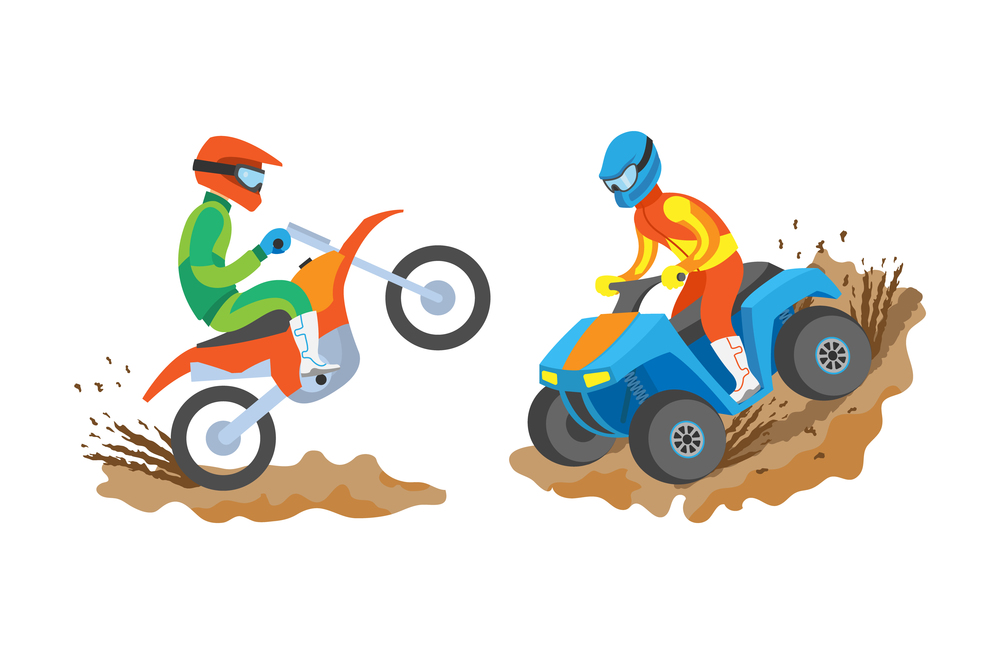 Extreme sports of men vector, isolated people going in professional sporting and activities, male on motorbike, quad biking hobby of person in uniform. Man Riding Motorbike and Quad Bike Extreme Sports