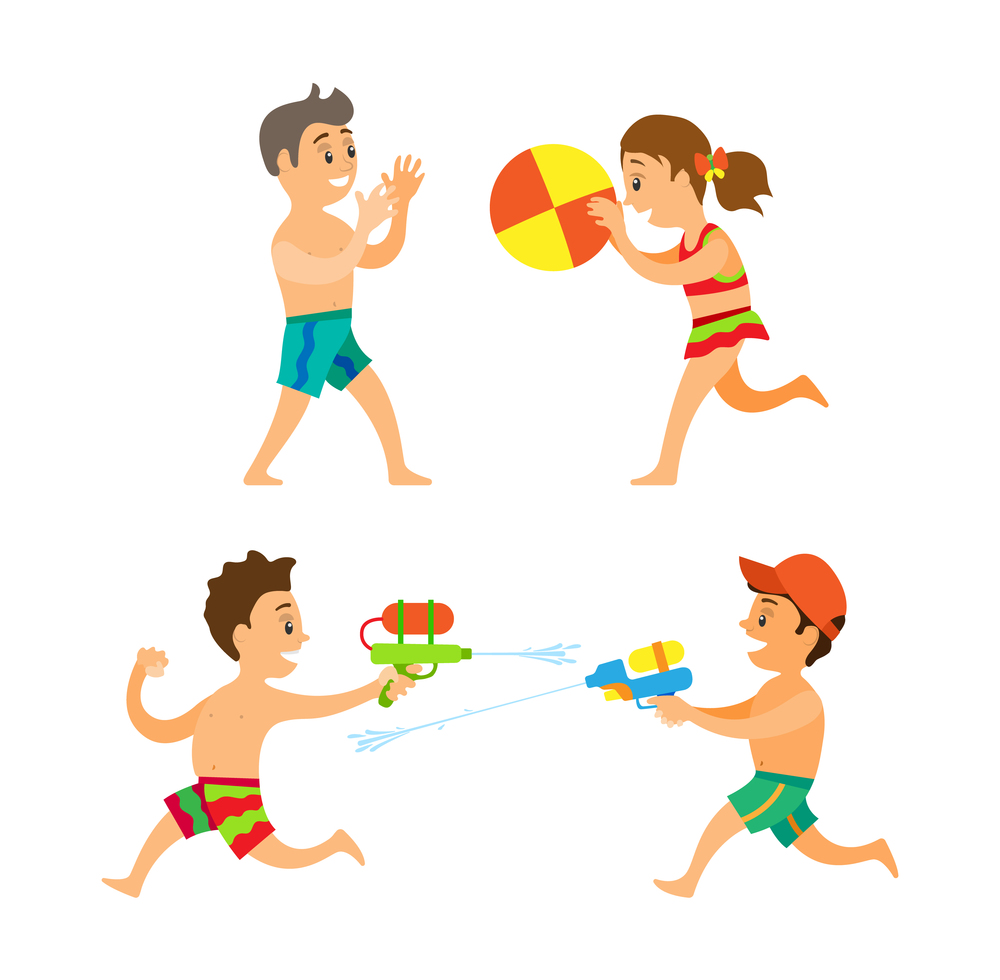Boy and girl playing on beach, summer outdoor activity vector. Children with inflatable ball and water pistols, kids in swimwear, friends on seaside. Summer Activity, Boy and Girl Playing on Beach