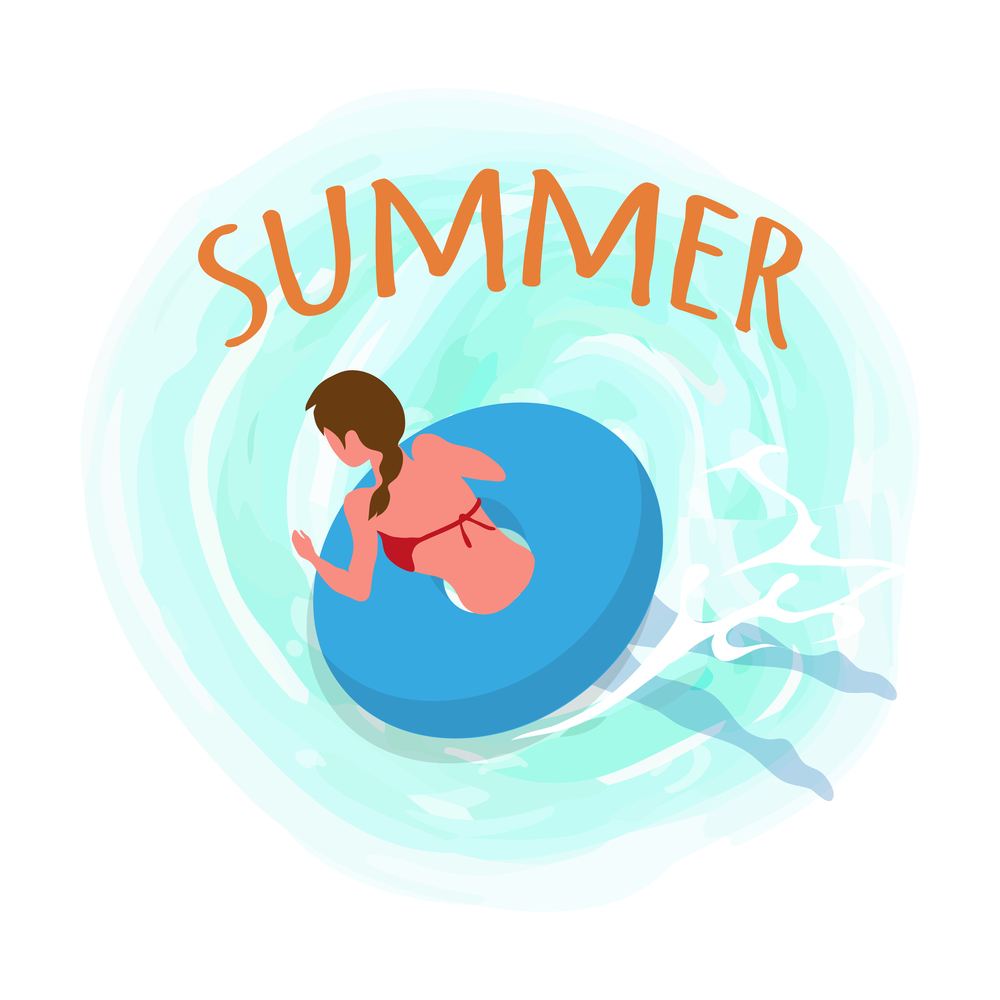 Summer holidays vector, woman in water with saving ring flat style. Lady wearing inflatable lifebuoy, seaside vacations, swimmer getting skills, sports. Summer Woman Swimming Wearing Lifebuoy Seaside