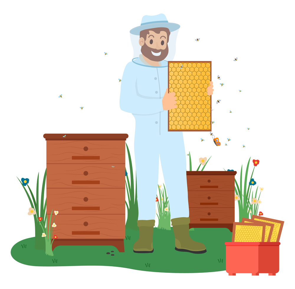 Beekeeping vector, man wearing protective costume apiarist with bees making honey. Organic farming and production of person flat style. Apiary farm. Wooden dipper and apiarist in protect suit and mask. Beekeeper with Bees, Honey Making Business Vector