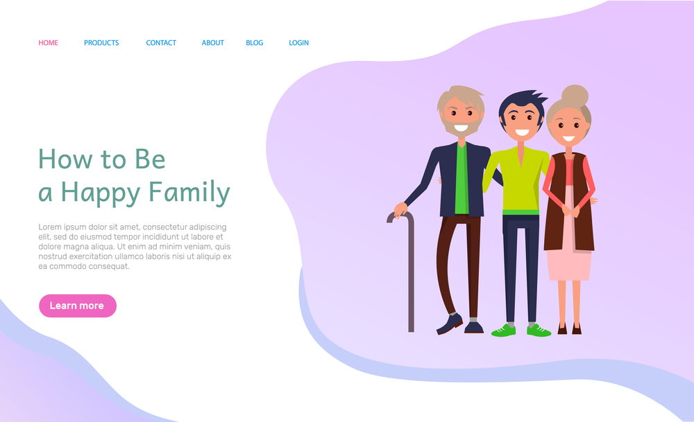 How to be happy family, old parents with adult son web vector. Elderly people walking with wooden sticks, male man loves senior mother and father. How to be Happy Family, Parents with Grown Up Son