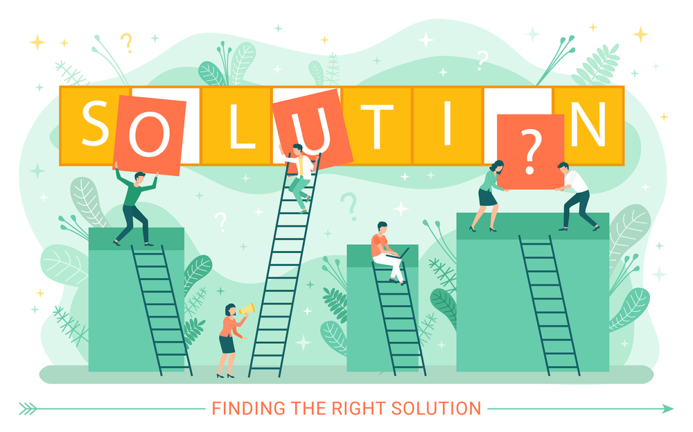 People climbing on ladders vector, workers finding solution of problem, business project activity, foliage and flora, poster with inscription flat style. Team collects the word solution. Solution of Business Problem, Workers on Ladders