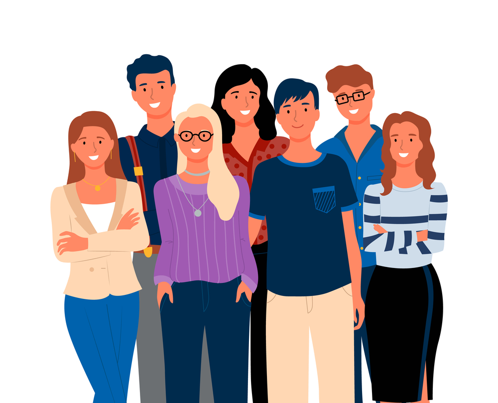 Group of people standing together, smiling man and woman embracing, portrait and closeup view of crowd in casual clothes, friends or relatives vector. Friends or Relatives, Smiling Man and Woman Vector