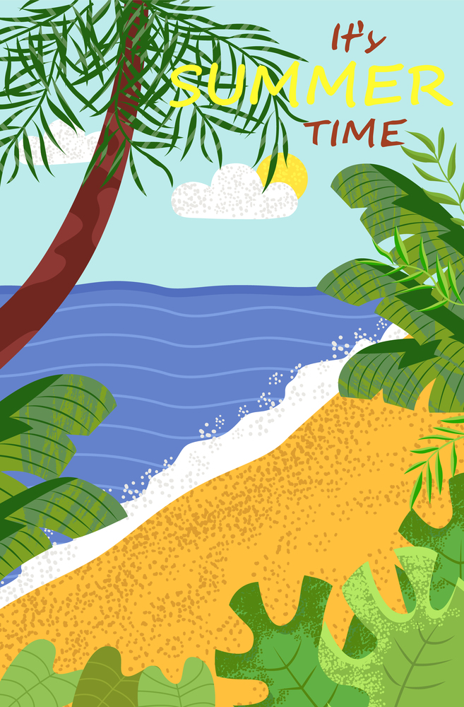 Summer time postcard decorated by sand and ocean view, palm trees and leaves, sunny weather, desert coast in flat design style, holiday on sea vector. Coast and Ocean View, Palm Tree, Summer Vector
