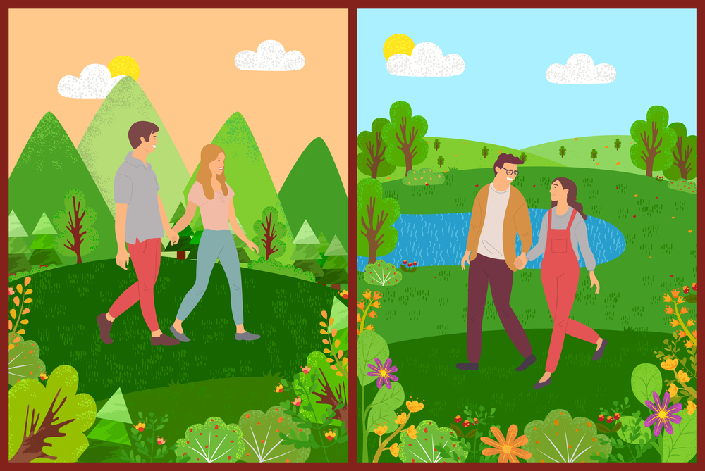Romantic day of lovers, couple character walking in park, portrait view of male and female holding hands, people walking near mountains and lake vector. Meeting of Lovers, Couple Walking Outdoor Vector