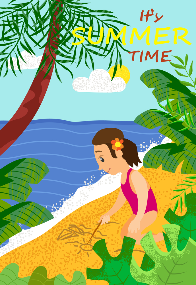 Its summertime, girl drawing on sand sun and ship, cartoon person at coastline among palm trees. Vector female child in swimsuit having fun at ocean. Its Summertime, Girl Drawing on Sand Sun and Ship