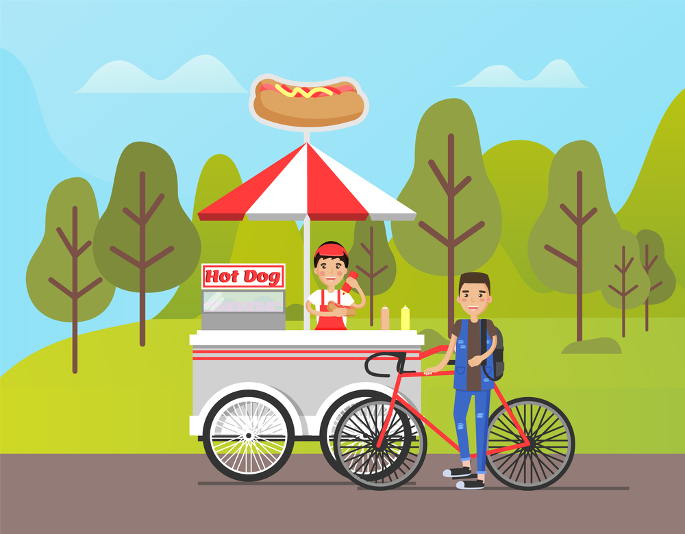 Person working at hot dog shop vector, street food selling in park. Bicyclist buying meal, service for people walking in forest. Hotdog dish with sausage. Hot Dog Stall with Snacks, Bicyclist by Merchant