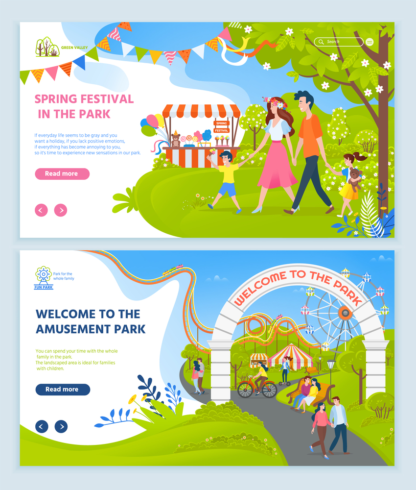 Spring festival vector, park with child and parents, relaxation on nature, amusement with attractions, friends resting surrounded by trees bushes in rest park. Website or webpage, landing page flat. Spring Festival at Park, Amusement Relaxation