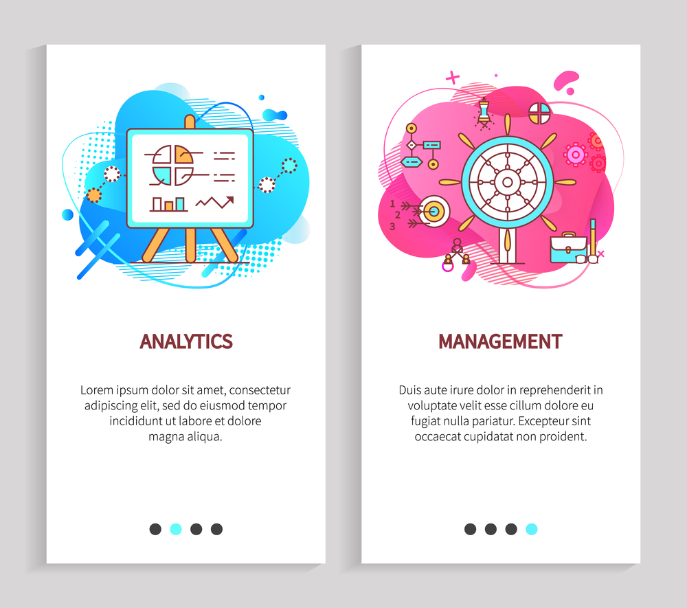 Analytics and management, board with growth chart, statistic report, business cooperation, communication symbol on abstract liquid shape vector. Website or app slider, landing page flat style. Statistical Report, Management Cooperation Vector