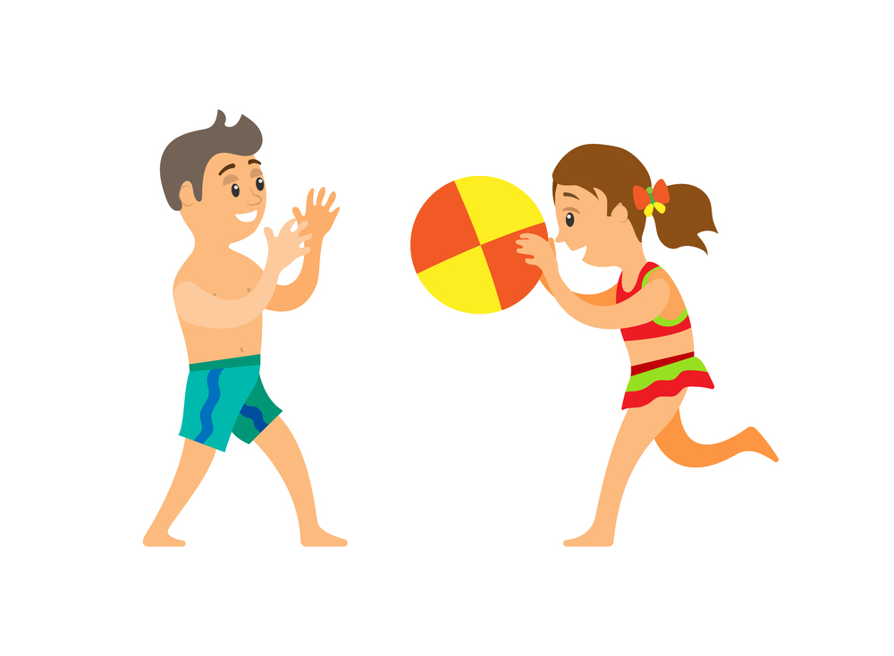 Beach game, boy and girl throwing ball, children in swimwear vector. Kids in trunks and swimsuit, summertime and holidays on seaside isolated characters. Children on Beach Throwing Ball, Boy and Girl
