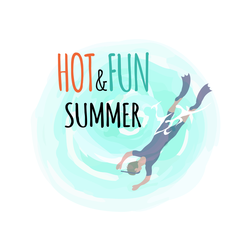 Hot and fun summer, diver in flippers and mask diving into deep sea waters, isolated logo. Vector man in protective swimsuit spend free time at summer. Hot and Fun Summer, Diver in Flippers and Mask Diving