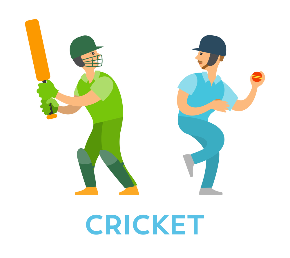 Team of cricket players vector, characters wearing special uniform and helmets isolated people with bat and ball. Tournament competition flat style. Cricket Players People with Bat and Ball Team