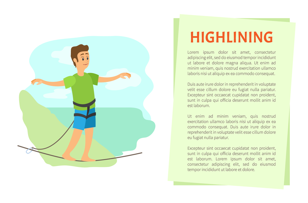 Highlining extreme sport poster, man in casual clothes going by rope, portrait view of smiling person balancing on line with insurance, mountain vector. Man Balancing on Rope, Highlining Poster Vector