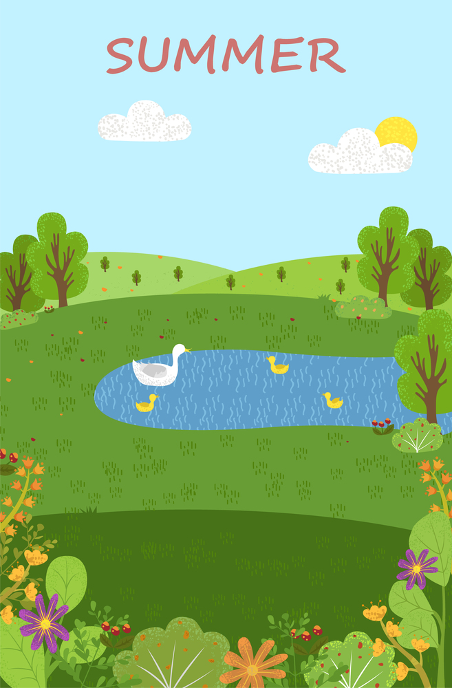 Summer scenery, pond with swans, green and eco clean nature. Vector forest with lake and swimming birds, blue sky and blooming flowers and bushy trees. Summer Scenery, Pond with Swans, Green Eco Clean