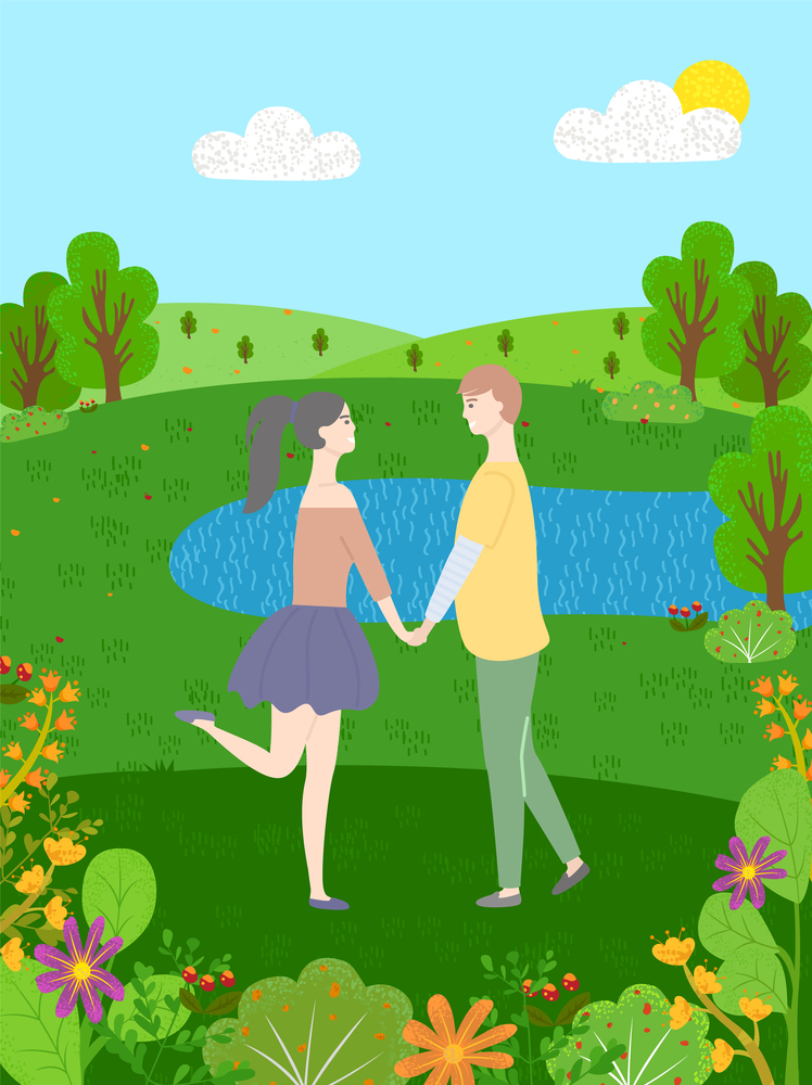 Cartoon people walking in forest among green trees and flowers, blue lake or pond. Vector summer, man and woman spend time together on nature, meadow and sky. Cartoon People Walking in Forest Among Green Trees