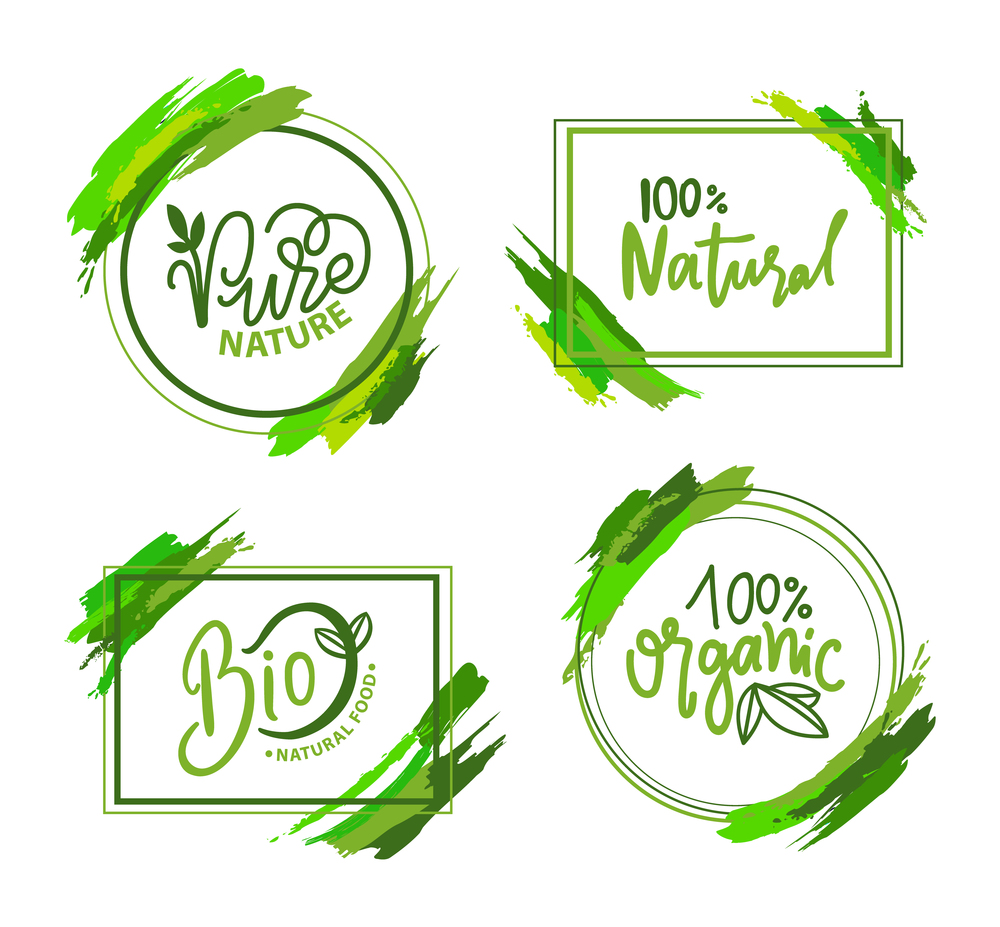Natural and organic food, 100 percent guarantee label, circle and square stamp, set of green logo, vegetarian poster, ecology object, fresh symbol vector. Natural and Organic Food, Eco Label, Green Vector